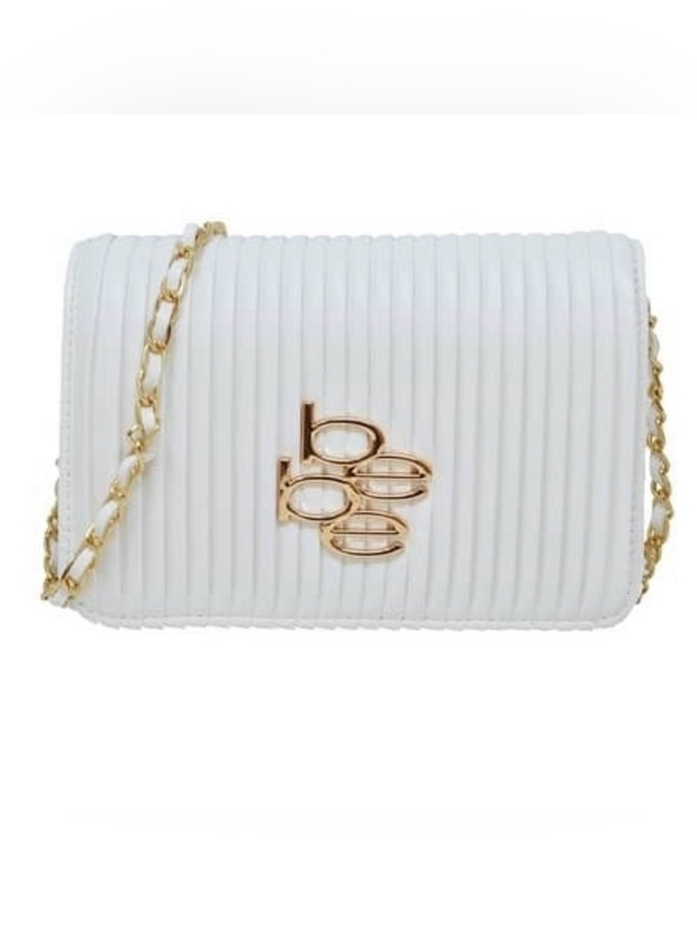 bebe White Quilted Ribbed Chain Shoulder Bag with Gold Logo